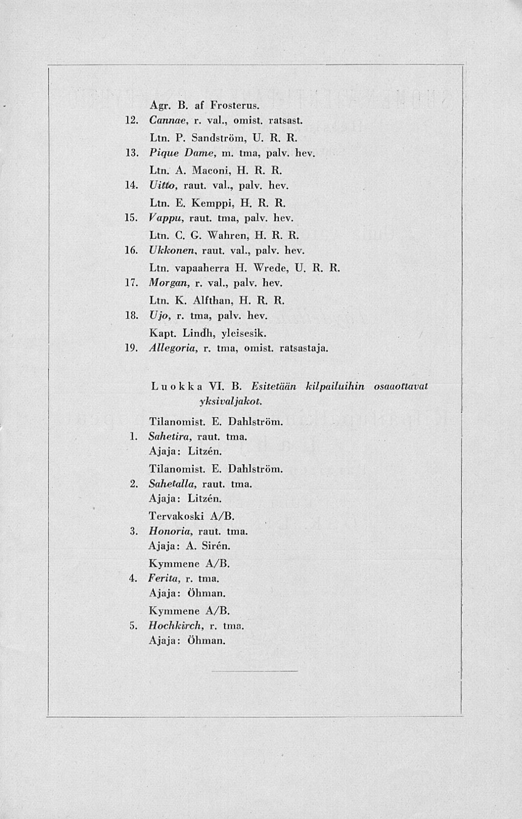 Agr. B. af Frosterus. 12. Carutae, r. val., omist, ratsast. Ltn. P. Sandström, U. R. R. 13. Pique Daine, m. tma, palv. hev. Ltn. A. Maconi, H. R. R. 14. Uitto, raut. vai., palv. hev. Ltn. E.