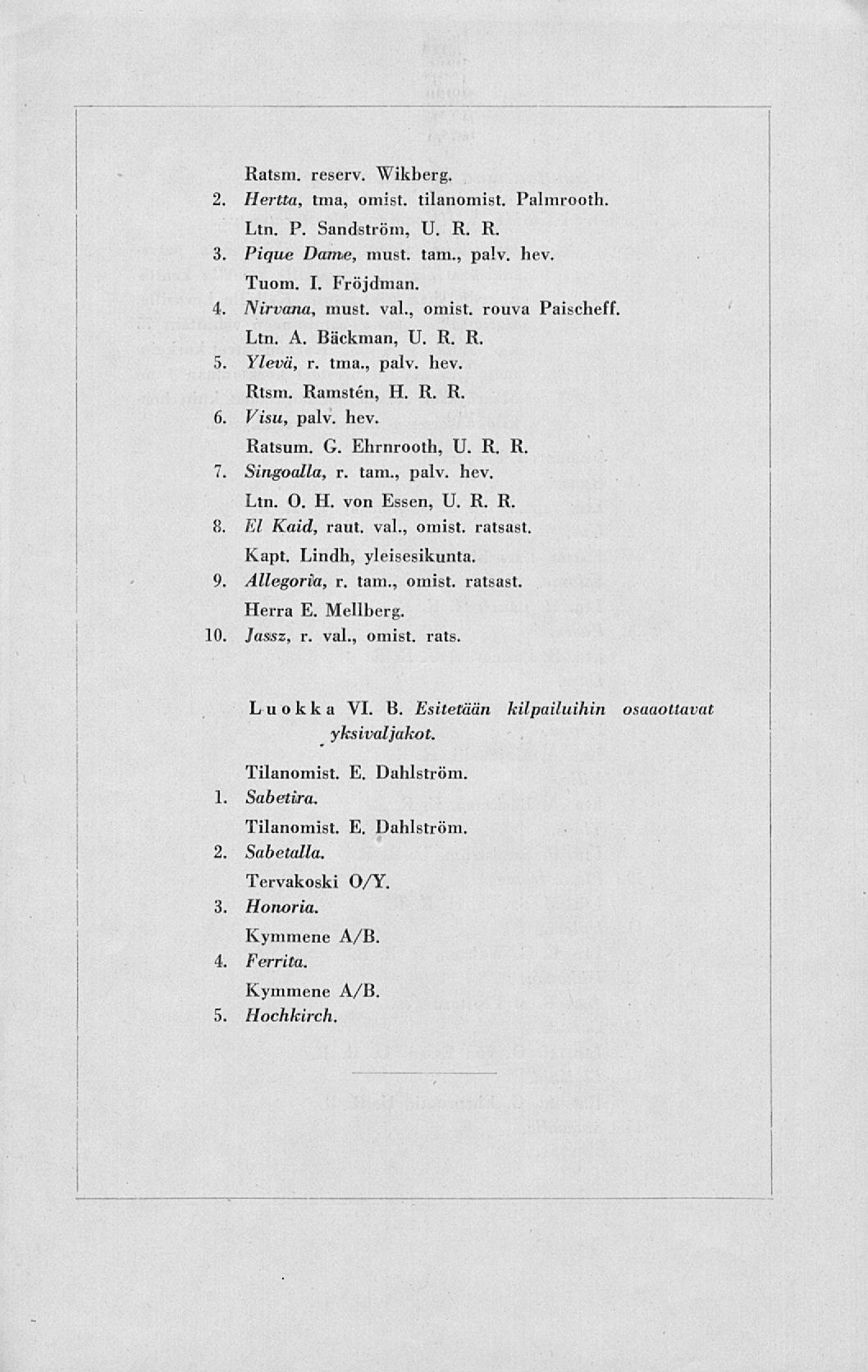 Ratsm. reserv. Wikberg. 2. Hertta, tma, omist, tilanomist. Palmrooth. Ltn. P. Sandström, U. R. R. 3. Pique Datne, must. tam., palv. hev, Tuom. I. Fröjdman. 4. Nirvana, must. val.