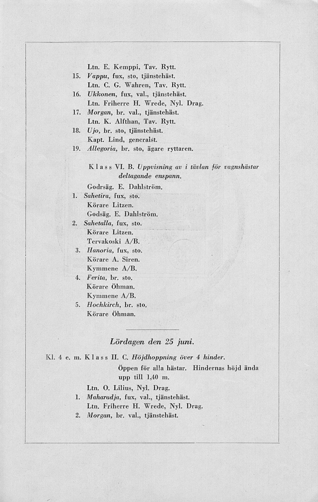 Ltn. E. Kemppi, Tav. Rytt. 15. Vappu, fux, sto, tjänstehäst. Ltn. C. G. Wahren, Tav. Rytt. 16. Ukkonen, fux, vai., tjänstehäst. Ltn. Friherre H. Wrede, Nyl. Drag. 17. Morgan, br. vai., tjänstehäst. Ltn. K. Alfthan, Tav.