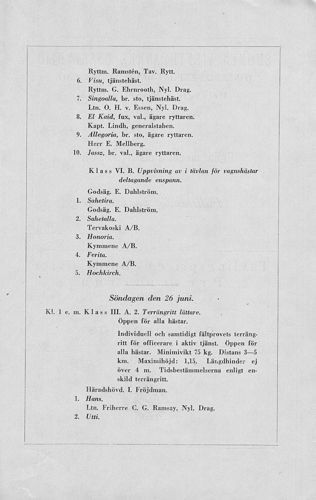 Ryttm. Ranisten, Tav. Rytt. 6. Visu, tjänstehäst. Ryttm. G. Ehrnrooth, Nyl. Drag. 7. Singoalla, br. sto, tjänstehäst. Ltn. O. H. v. Essen, Nyl. Drag. 8. El Kaid, fux, val., ägare ryttaren. Kapt.