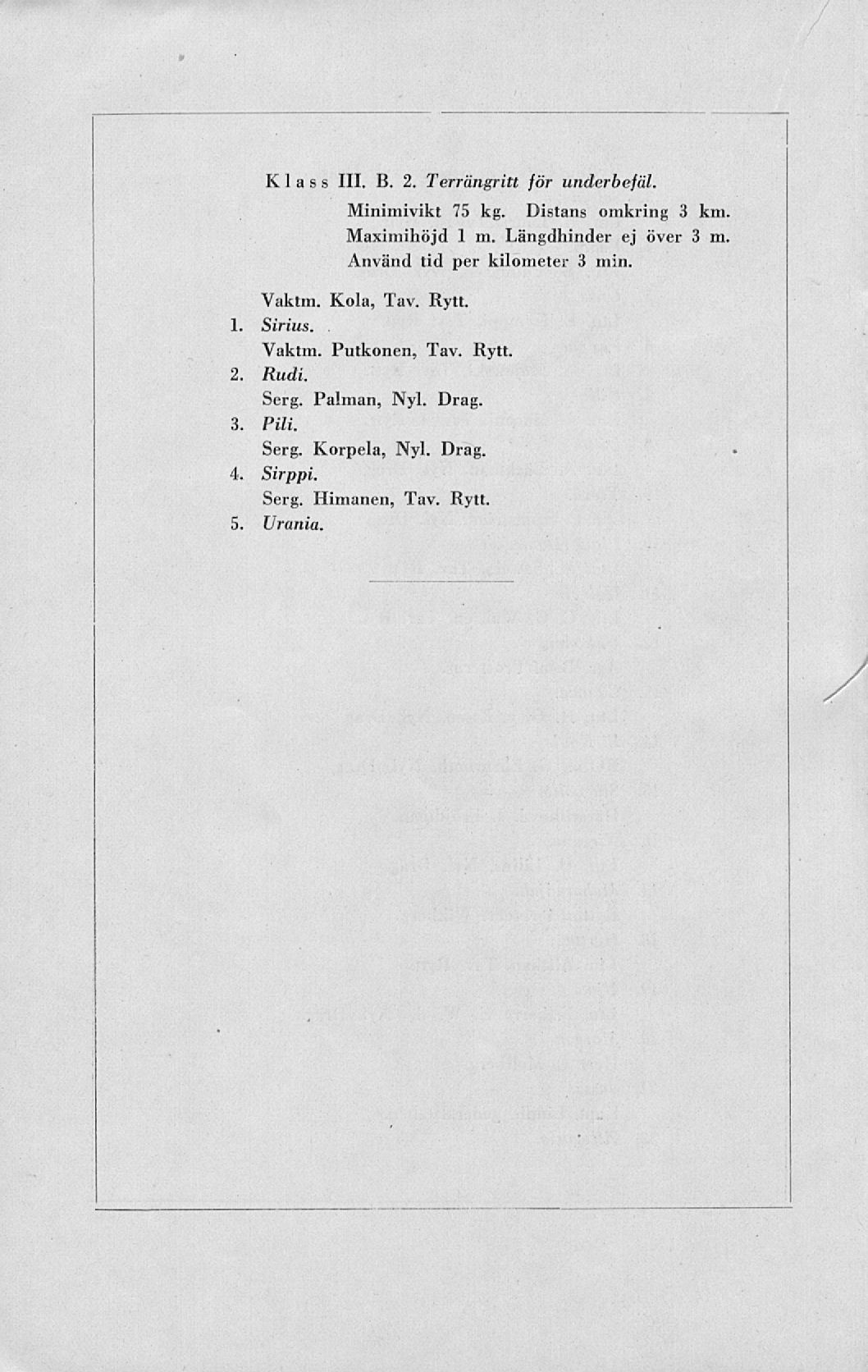 * Klass 111. B. 2. Terrängritt för underbefäl. Minimivikt 75 kg. Distans omkring 3 km Maximihöjd 1 m. Längdhinder ej över 3 m Använd tid per kilometer 3 min. Vaktm.