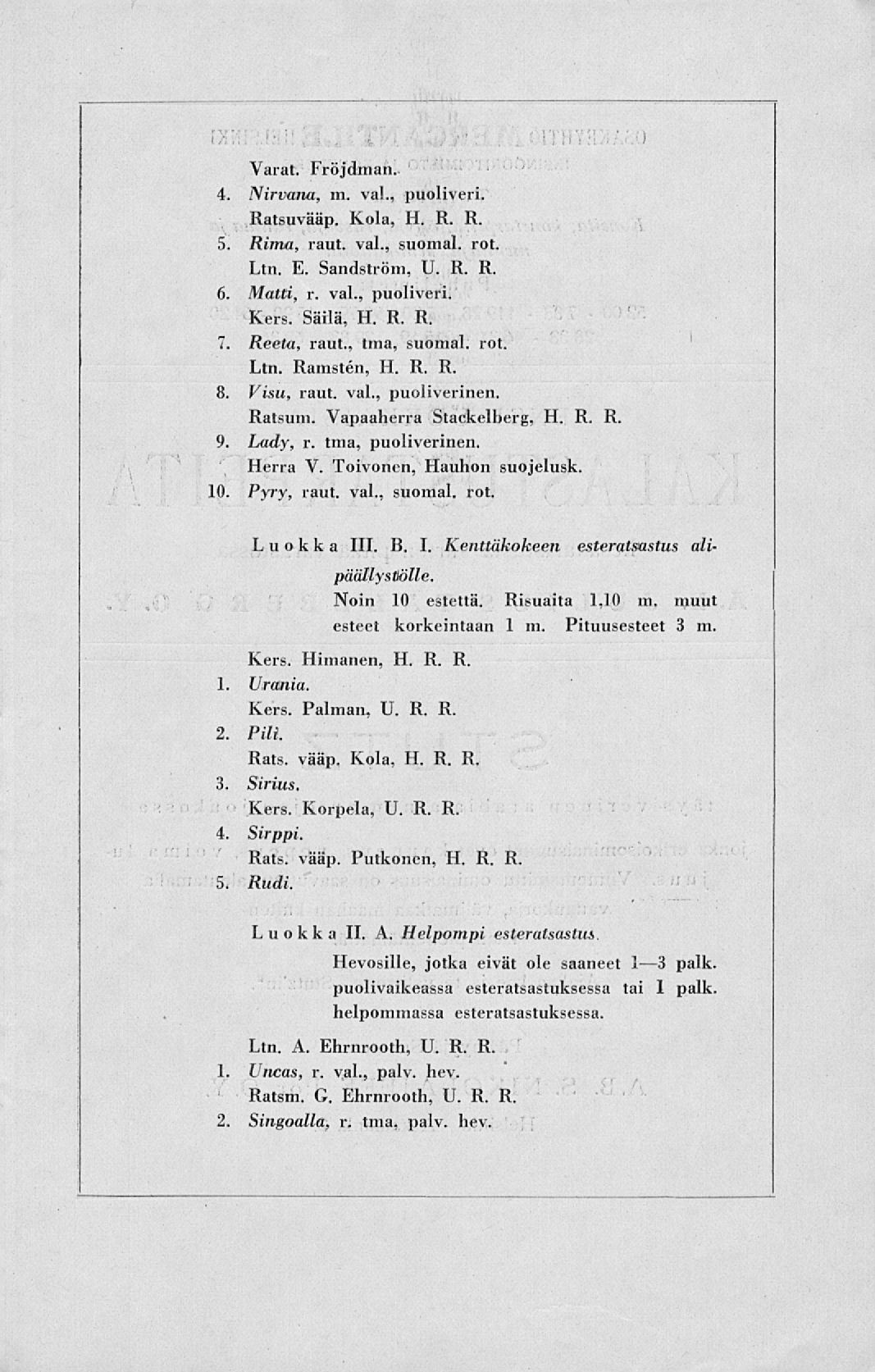 j Varat. Fröjdman. 4. Nirvana, m. vai., puoliveri. Ratsuvääp. Kola, H. R. R. 5. Rima, raut. val., suomal. rot. Ltn. E. Sandström, U. R. R. 6. Matti, r. vai., puoliveri. Kers. Säilä, H. R. R. 7.