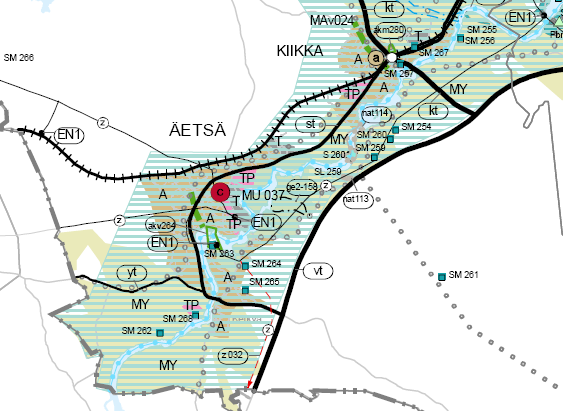 Sastamalan kaupunki 4 c- keskustatoimintojen alue, A- taajamatoimintojen alue ja TP- työpaikka-alue. Ote maakuntakaavasta, suunnittelualue ympyröity.