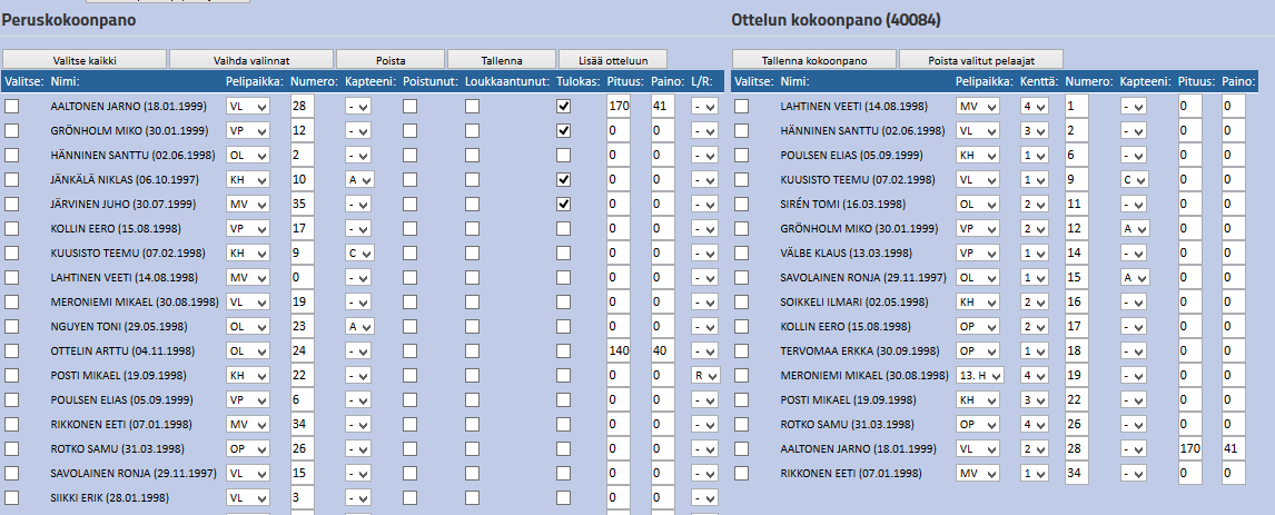 Valitse kaikki pelaajat ja merkitse ottelun kokoonpanoon oikea pelipaikka: MV = Maalivahti VP = Vasen puolustaja OP = Oikea puolustaja VL = Vasen laitahyökkääjä KH =