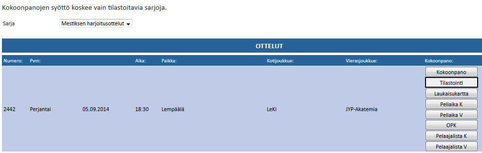 TILASTOINTI TULOSPALVELU (TiTu) TiTuun pääsee painamalla Tilastointi -nappia Kokoonpanojen tallentamisen jälkeen voit tulostaa pöytäkirjapohjan tästä, myös pelin jälkeen ottelupöytäkirjan