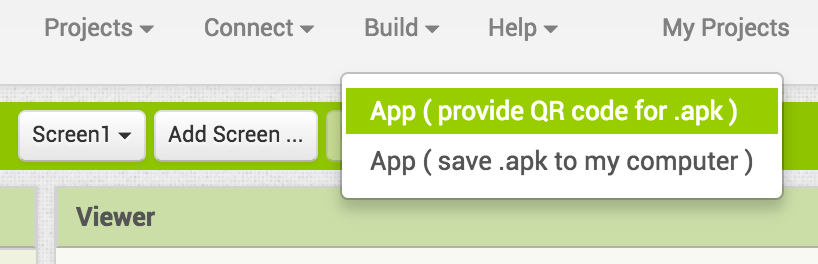 Ohjelman lataaminen Valitse Build > App ( provide QR code for.apk ) Avaa Android-laitteella QR-lukija (esim.