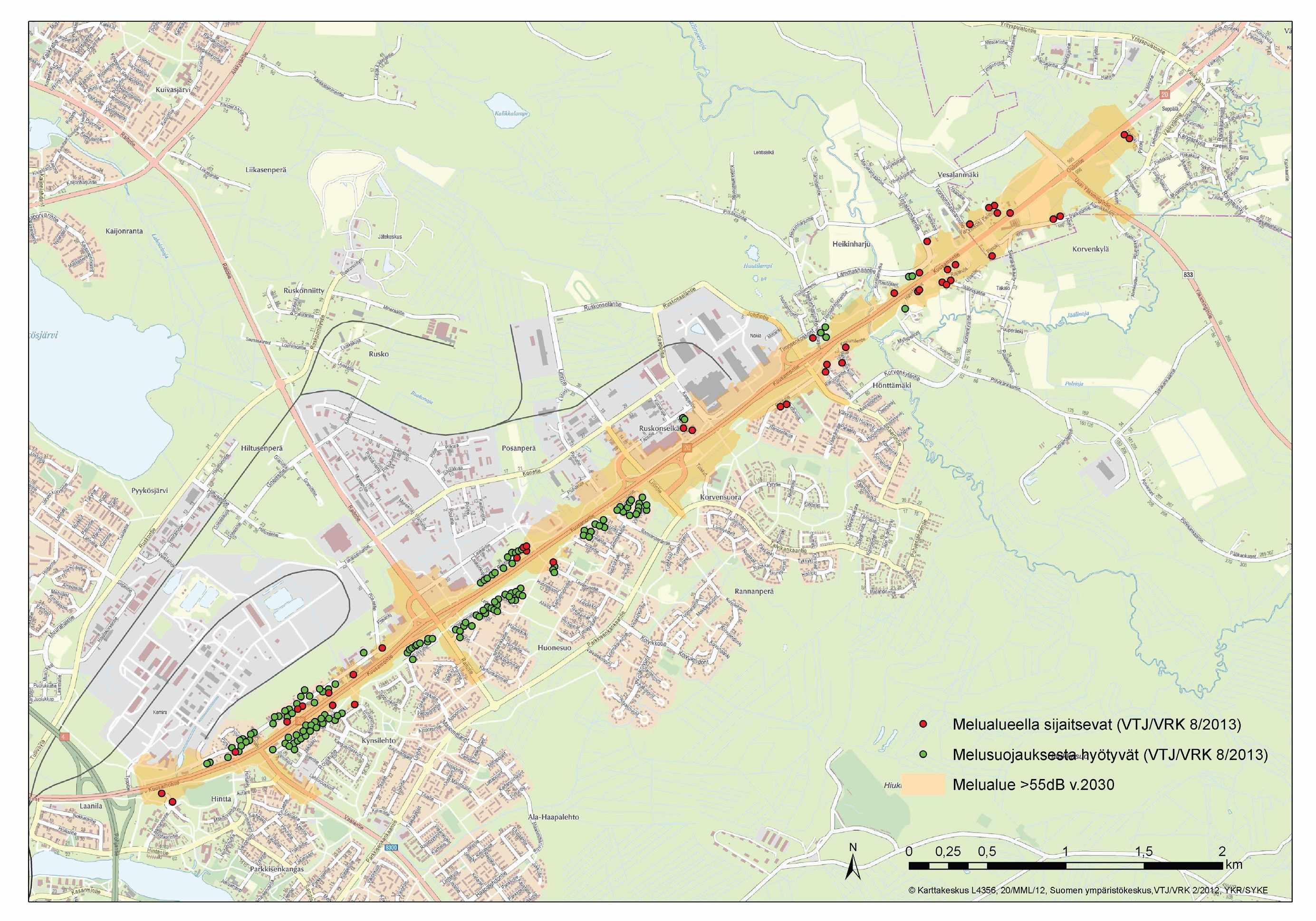 33 Kuivasjärvi^ Yesalanmäki Kaijonranta Korvenkylä ösjärvi Ruskonselkäd Pyykösjärvi Rannanperä Huonesuo Melualueella sijaitsevat (VTJ/VRK 8/2013) MelusuojauksestaTiyötyvät (VTJ/VRK 8/2013) Melualue