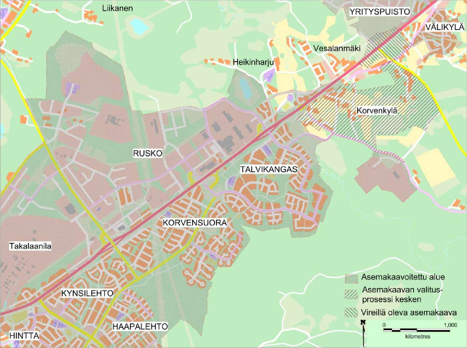 Kuusamontien lähialueen kartta ja asemakaavoitettu alue ennen tiehanketta.