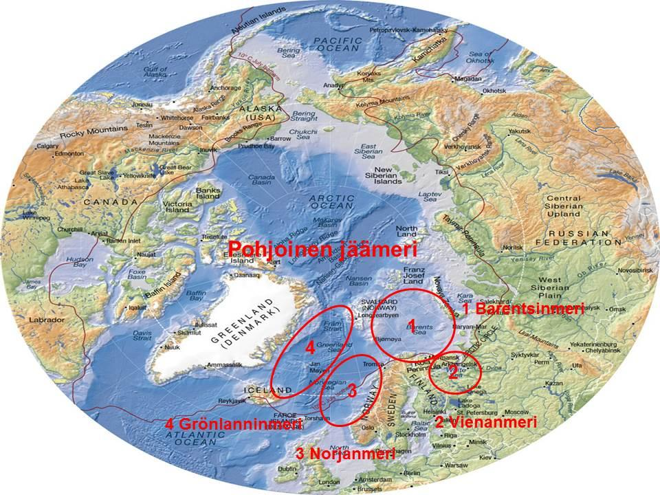 4 LIITE 3 JÄÄMEREN OSAMERET Kuvassa näkyy Pohjoisen jäämeren suurpiirteinen alue sekä tutkielman kannalta neljä merkittävintä Pohjoisen jäämeren osamerta. 1. Barentsinmeri, 2. Vienanmeri, 3.