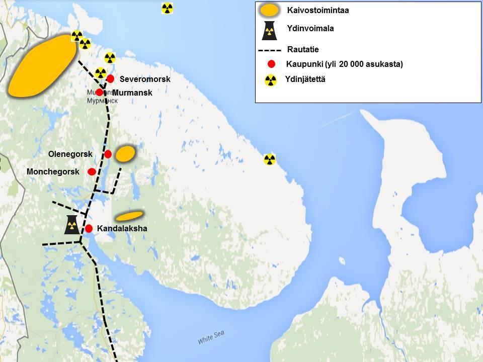 9 LIITE 8 KUOLAN NIEMIMAAN INFRASTRUKTUURI Kuvassa näkyy Kuolan niemimaan merkittävät taloudelliset kohteet. Lisäksi karttaan on merkitty keskeisimmät ydinjätteiden alueet.