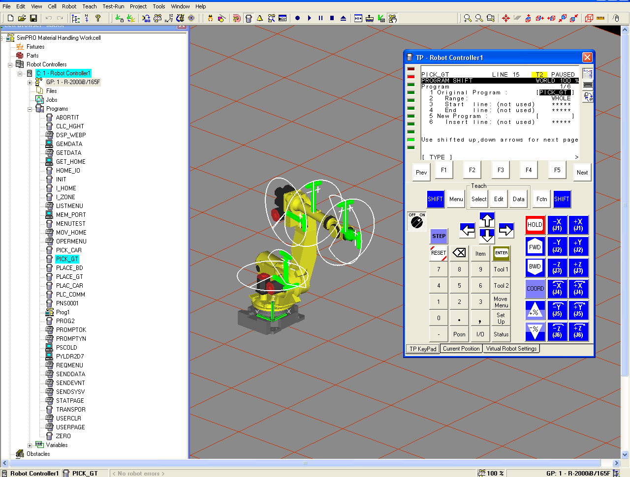 20 5 ROBOTIN OHJELMA 5.1 Robo Guide- ohjelma Ohjelman tutkimiseen käytettiin kuviossa 8 esitettyä Fanuc:n Roboguide HandlingPRO v. 6.40 ohjelmaa.