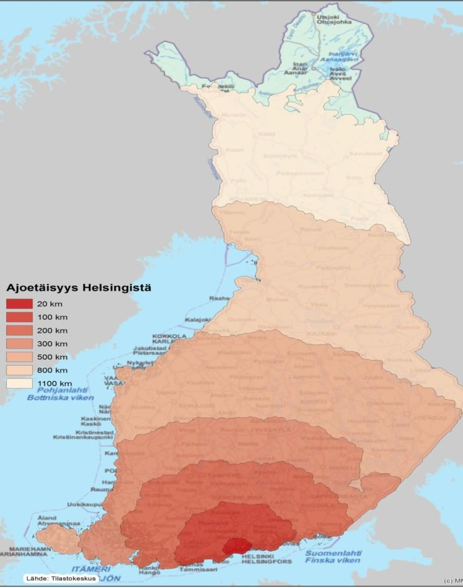 ALUERAKENTEEN MUUTOS JA VÄESTÖN KESKITTYMINEN JOS HELSINKI ON AURIKOKUN- NAN KESKUS : - Joka viides asuu 20 kilometrin ja kolmas 100 km etäisyydellä Helsingistä - Yli puolet asuu maksimissaan 200