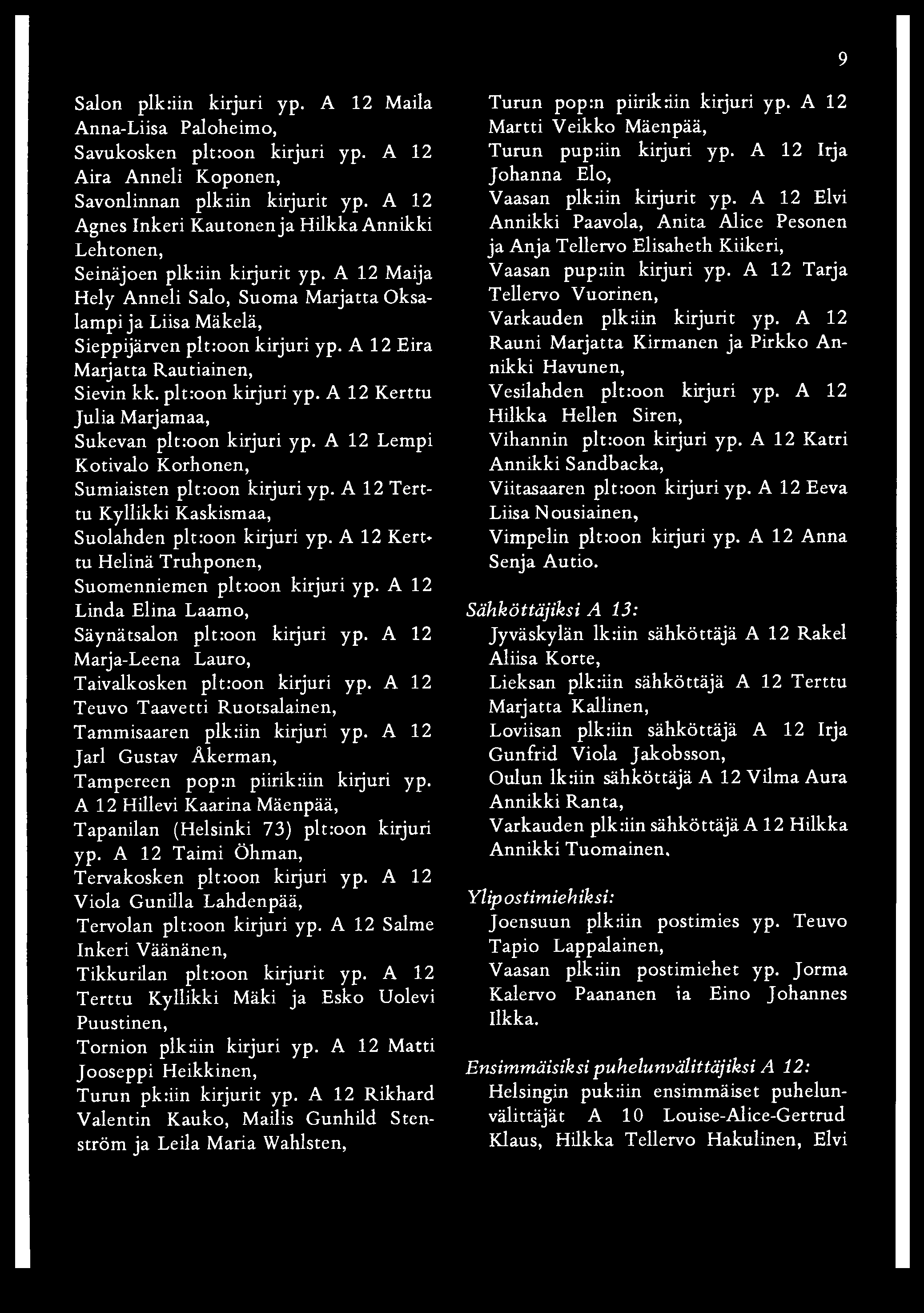 A 12 Eira Marjatta Rautiainen, Sievin kk. plt:oon kirjuri yp. A 12 Kerttu Julia Marjamaa, Sukevan plt:oon kirjuri yp. A 12 Lempi Kotivalo Korhonen, Sumiaisten plt:oon kirjuri yp.