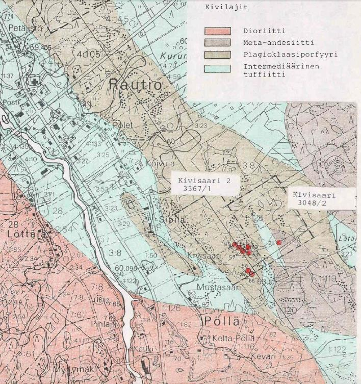 hedleyiittiä, molybdeenihohdetta, scheeliittä ja hessiittiä (Isohanni 1984). Kuva 4. Jouhinevan alueen kivilajikartta (Sandberg, 1985). Figure 4. Bedrock map of Jouhineva (Sandberg, 1985).