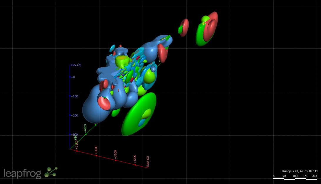 Kuva 6. LeapFrog-ohjelmalla luotu malli Jouhinevan mineralisaatiosta katsottuna kaakosta päin. Figure 6. A LeapFrog scene created from the historical drill hole data. Mineralisation viewed from SE.