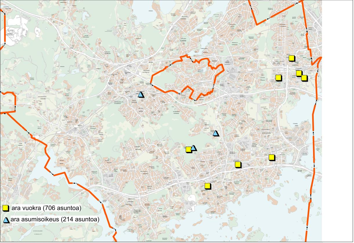 Valtion tukeman asuntotuotannon määrä ja sijainti 8. Espoo sijoittaa valtion tukemaa asuntotuotantoa eri puolille kaupunkia erityisesti hyvien joukkoliikenneyhteyksien äärelle.