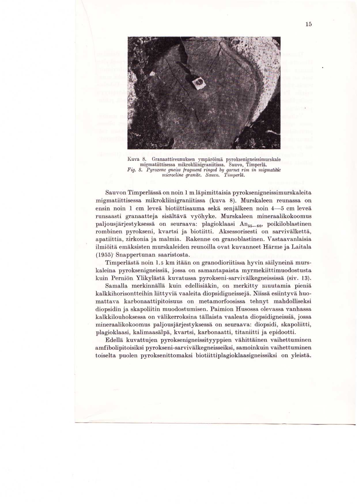 15 Kuva 8. Granaattireunuksen vmparoima pyroksenigneissimurskale migmatiittisessa mikrokliinigraniitissa. Sauvo, Timperla. Fig. 8. Pyroxene gneiss fragment ringed by garnet ring in migmatitic microcline granite.