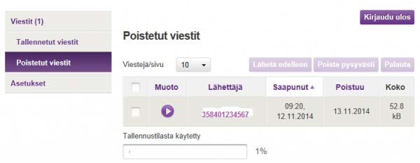 1.2 Tallennetut viestit Voit tallentaa sinulle saapuneita tärkeitä viestejä. Viestit säilyvät tallennettuina niin kauan, kunnes käyt ne erikseen poistamassa. 1.