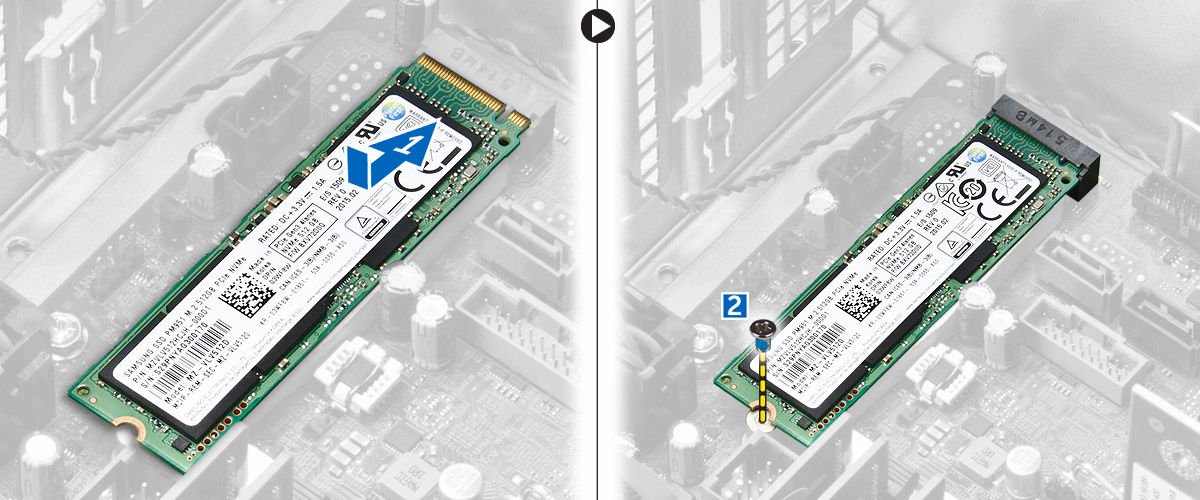 PCIe-SSD-aseman irrottaminen 1. Irrota PCIe-SSD-kortin kiinnitysruuvi. 2. Vedä ja nosta PCIe-SSD-kortti tietokoneesta.