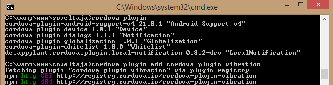 8 KUVA 4. Cordova-projektiin liitännäisen lisääminen komentoriviltä. Suurin osa Cordovan toiminnoista tulee config.xml-tiedostosta, joka on eräänlainen globaali määritystiedosto alustalle.