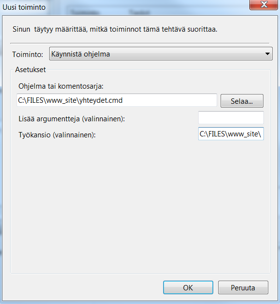 24 KUVA 22. Windowsin task scheduler-toiminnon käyttäminen. Kuvassa 22 näkyy toiminnon asentaminen, joka vaaditaan aina. Tässä annetaan tiedot toiminnolle.