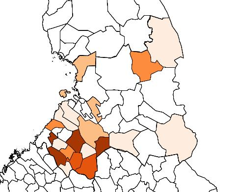 /10 000 vastaavan ikäistä PSAVIN alueen kunnat, joissa