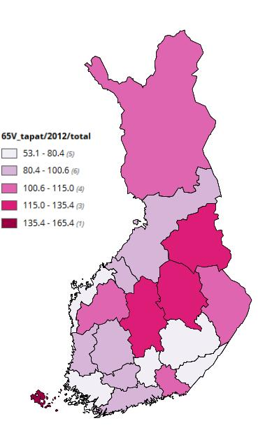 Kuolleisuus tapaturmaisiin kaatumisiin ja putoamisiin 65 vuotta täyttäneillä / 100 000 vastaavanikäistä Yleisin kuolemaan johtanut tapaturma on kaatuminen tai putoaminen.