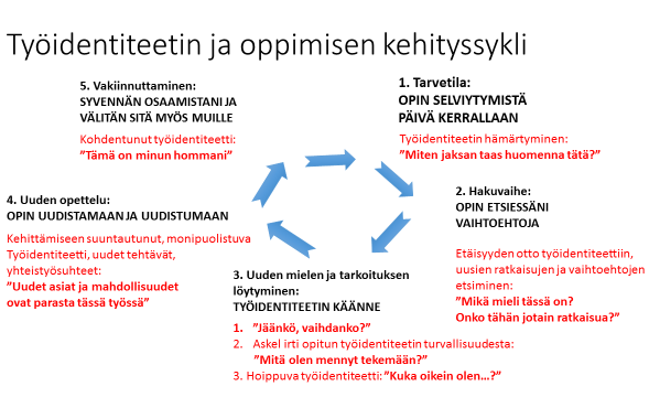 8 4. Uuden opettelun vaiheessa huomio kiinnittyy asioiden haltuunottamiseen. Uusi työidentiteettisi alkaa muodostua ja työhyvinvointisi on yleensä hyvä.