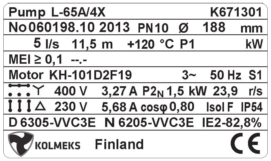 Tyyppimerkinnät Materiaali: P = Pronssi H = Pallografiitti valurauta S = haponkestävä teräs Pumpputyyppi Valmistenumero Toimintapiste ja Max.