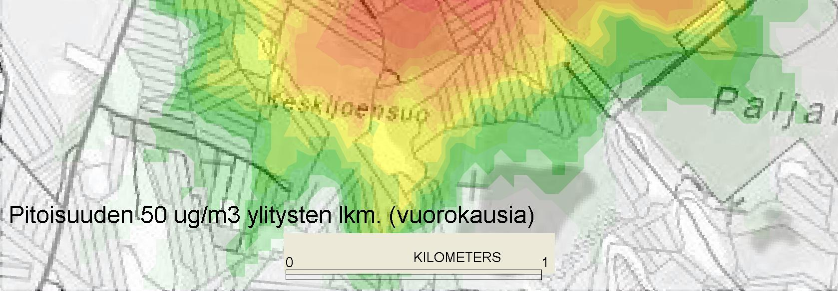 Leviämislaskelmilla määritettyjen vuorokausiohjearvoon verrannollisten pitoisuuksien aluejakaumakuviot on esitetty kuvissa 10-13.