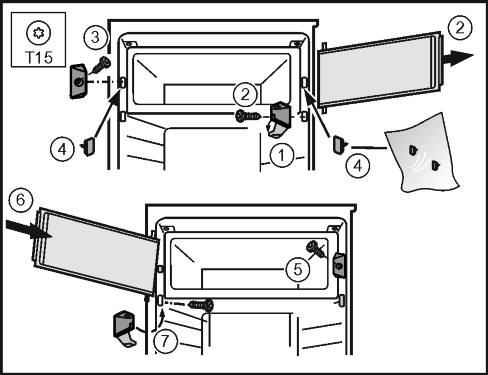 Käyttöönotto 4.3.3 Pakastelokeron oven vaihtaminen Fig. 13 u Käännä suojus pois laakerinkannattimesta. Fig. 13 (1) u Pakastelokeron oven irrottaminen: Ruuvaa laakerinkannatin irti T15-ruuvitaltalla.