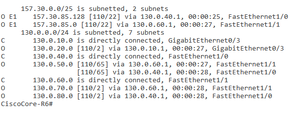 26 Kuvio 19. Ping ja Traceroute työryhmien välillä Kuviossa 20 esitetään IP reittitaulu Core R6 reitittimeltä. Staattiset reitit asiakasverkkoihin mainostetaan E1 reitteinä. Kuvio 20.