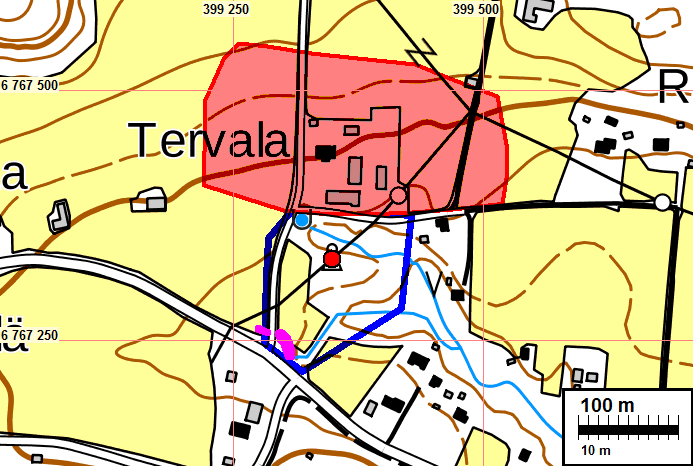 3 Yleiskartat Muinaisjäännösrekisterin mukainen Koski historiallisen ajan kylätontin muinaisjäännösalue rajattu punaisella.