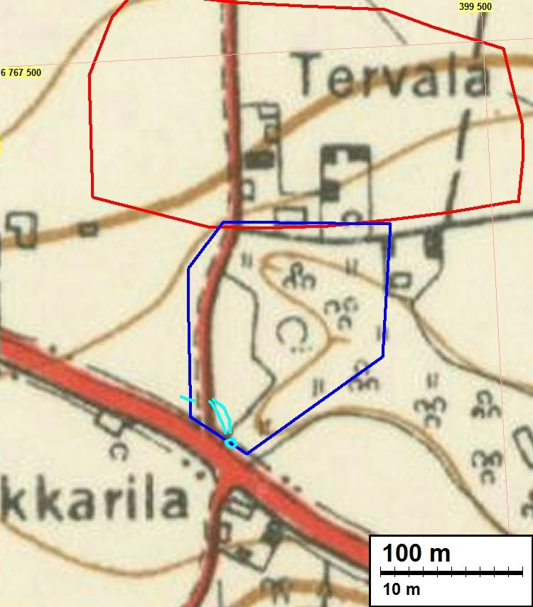 5 Ote vuoden 1948 topografikartasta. Punainen viiva merkkaa muinaisjäännösrekisterin mukaista Kosken kylätonttia, sininen viiva merkkaa Kurjalan kirkon raunio RKY-aluetta.