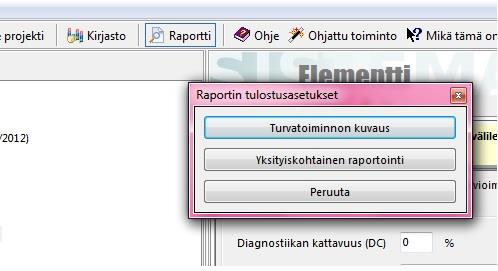 Turvajärjestelmästä voidaan tulostaa pelkkä turvatoiminnon kuvaus, joka sisältää projektin kuvauksen ja siihen liittyvät standardit.