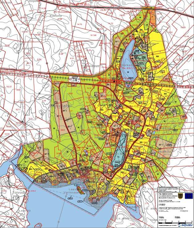 Ote yleiskaavasta. Kyläalueella on rakentamattomia AP-alueita lähinnä sen länsiluoteisosassa.