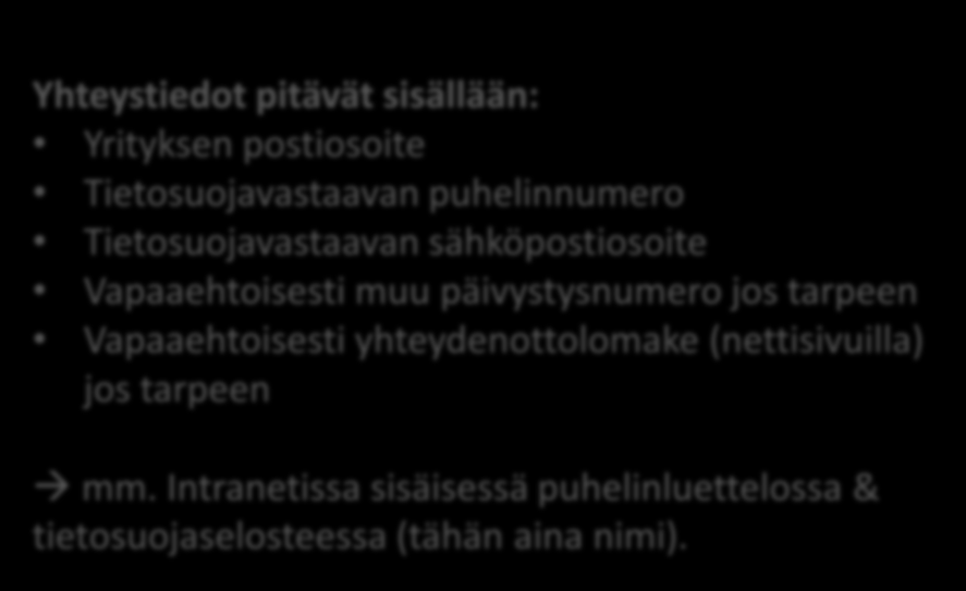 Yhteystiedot pitävät sisällään: Yrityksen postiosoite Tietosuojavastaavan puhelinnumero Tietosuojavastaavan sähköpostiosoite Vapaaehtoisesti muu