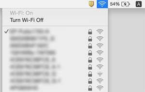 Ongelmien ratkaiseminen Mac OS X Napsauta näytön yläreunan Wi-Fi-kuvaketta. Näytössä näytetään luettelo SSID-tunnuksista. Liitetty SSID on merkitty valintamerkillä.