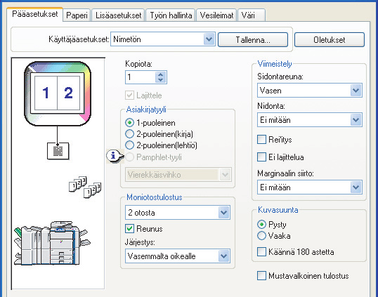 USEIDEN SIVUJEN TULOSTUS YHDELLE SIVULLE Tämän toiminnon avulla voit pienentää tulostuskuvaa ja tulostaa useita sivuja yhdelle paperiarkille.