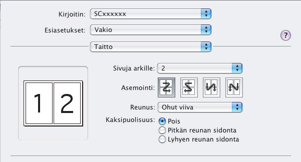 Macintosh Mac OS X (1) (2) (1) Valitse [Taitto]. (2) Valitse sivujen lukumäärä arkkia kohti.