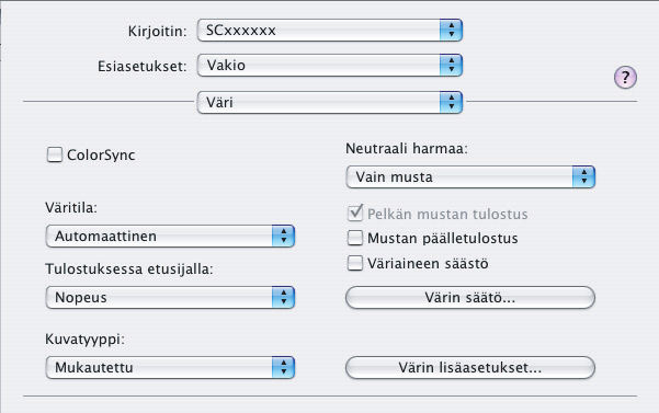 Macintosh Mac OS X (2) (1) (1) Valitse [Väri]. (2) Valitse väritulostusasetukset. Voit käyttää Mac OS Värinhallintatoimintoa valitsemalla [ColorSync] -ruudun.