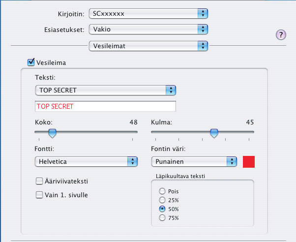 LUOTTAMUKSELLINEN Windows (1) (2) (1) Napsauta [Vesileimat]-välilehteä. (2) Valitse vesileima-asetukset. Valitse tallennettu vesileima pudotusvalikosta.