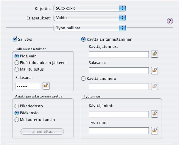 Macintosh Mac OS X (Tätä toimintoa ei voi käyttää Mac OS X v10.1.5:ssa.) (2) (1) (1) Valitse [Työn hallinta]. (2) Valitse säilytysasetus. Napsauta [Säilytys]-ruutua.