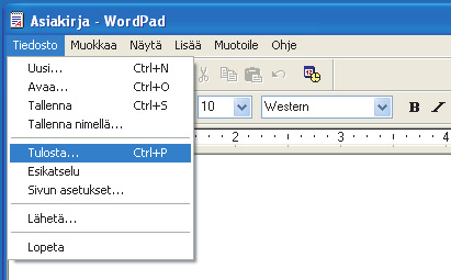 1 TULOSTUS WINDOWSISTA PERUSTULOSTUS Seuraava esimerkki selittää asiakirjan tulostuksen "WordPad"-ohjelmasta, joka on Windowsin vakio apuohjelma. Valitse [Tulosta] WordPadin [Tiedosto]-valikosta.