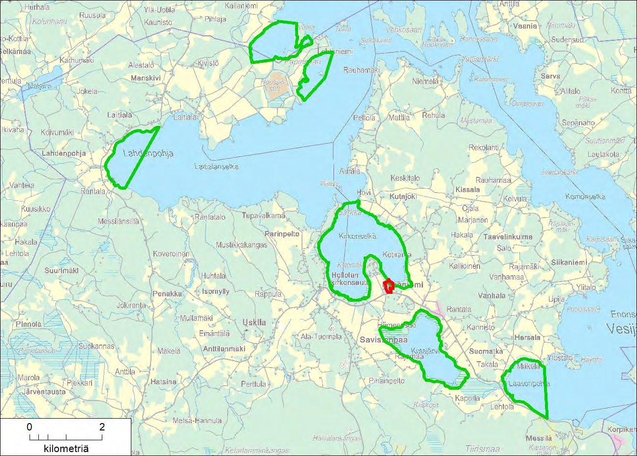 Kuva 1. Kutajärven alueen Natura 2000 -alue. Pyhäniemen kartanon suunnittelualue on rajattu punaisella.