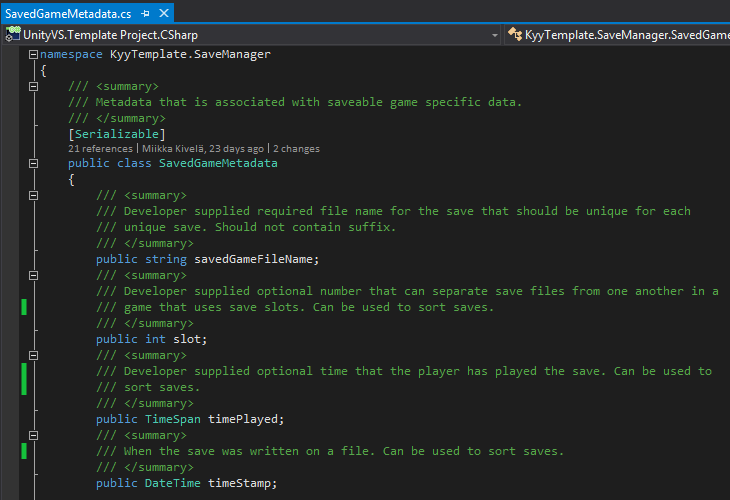 28 KUVA 8. Kuvakaappaus SavedGameMetadata-luokan muuttujista (Microsoft Visual Studio Ultimate 2013 2015).