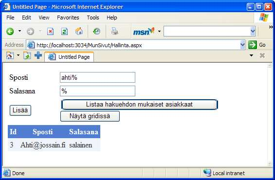 C# ja.net Framework 14 (26) Lisätehtävä try { con.open(); reader = cmd.executereader(); while (reader.read()) { teksti.append("<b>"); teksti.append(reader["sposti"].tostring()); teksti.