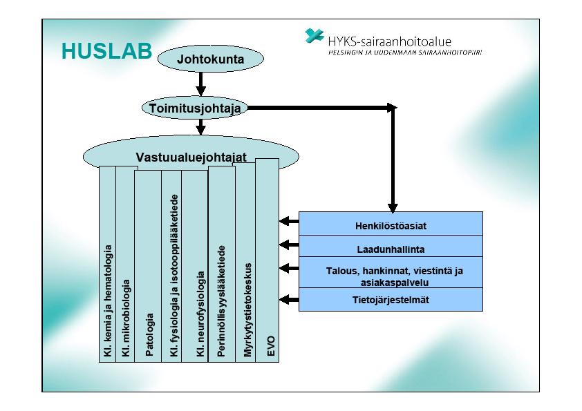 8 KUVIO 2. HUSLABin organisaatio. HUSLABin strategia (2009 2013) on laadittu HUSin strategian kanssa yhteensopivaksi. Strategiassa on määritelty myös organisaation arvot ja tehtävät.