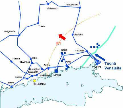 6 400 kv voimajohto Yllikkälä-Huutokoski Kuva 2. K1-leikkaus Kymenlaakson ja Etelä- Karjalan alueella.