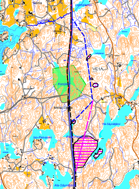 400 kv voimajohto Yllikkälä-Huutokoski 27 ja luontokohteen takia. Uuden voimajohdon sijoituspuoli vaihtuu kaikilla osuuksilla useita kertoja.